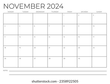 Plantilla del Calendario A4 de noviembre de 2024. De lunes a domingo. Calendario en blanco. Diseño estacional. Ilustración vectorial.