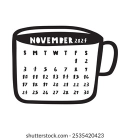 November 2024. Black color cup. Calendar template. Hand drawn vector illustration on white background.