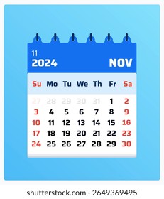 November 2024 calendar. Blue calendar portrait. 2024 Weekend on sunday and saturday. Layout template. Monthly calendar view nov 2024. Vector illustration