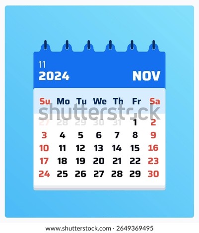 November 2024 calendar. Blue calendar portrait. 2024 Weekend on sunday and saturday. Layout template. Monthly calendar view nov 2024. Vector illustration