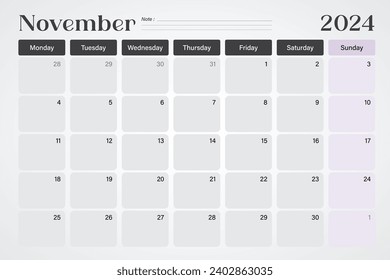 Calendario de noviembre de 2024 o planificador de escritorio en colores suaves grises y púrpura con líneas de nota vacías, las semanas empiezan el lunes, diseño de ilustración vectorial