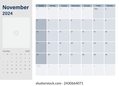 November 2024 calendar desk planner with space for your picture, weeks start on Sunday,  simple white and gray theme, vector design