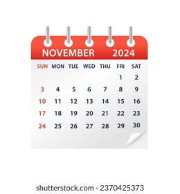 November 2024 Calendar Leaf. Calendar 2024 in flat style. Calendar 2024 week start Sunday corporate design planner template. Wall calendar. Vector illustration