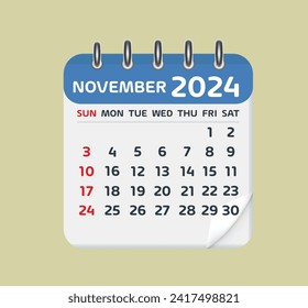 Hoja del Calendario de Noviembre de 2024. Calendario 2024 en estilo plano