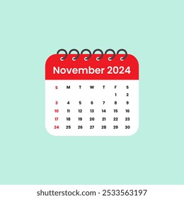 November 2024 Calendar Leaf. Calendar 2024 in flat style vector stock illustration.