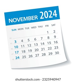 Hoja del Calendario de Noviembre de 2024 - Ilustración. página de gráfico de vector