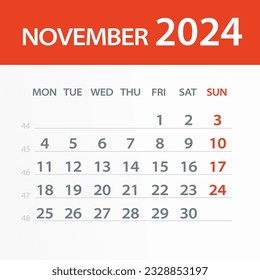 Hoja del Calendario de Noviembre de 2024 - Ilustración. página de gráfico de vector