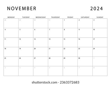 November 2024 calendar. Monday start. Monthly planner template. Vector design