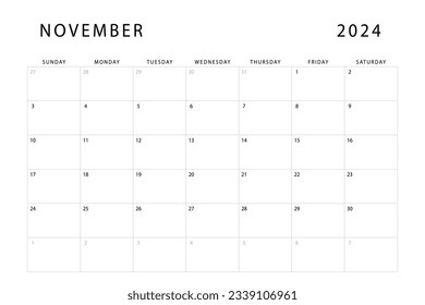 November 2024 calendar. Monthly planner template. Sunday start. Vector design