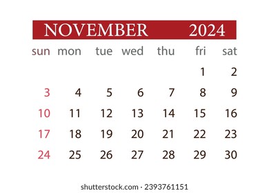 NOVEMBER 2024 calendar monthly planner start sunday template vector.
