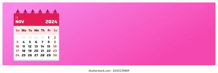 Calendário de novembro de 2024. Anúncios de calendário em rosa e vermelho. 2024 Weekend segue sábado e domingo. Layout de design. Página do calendário mensal nov. 2024. Ilustração vetorial