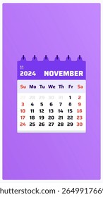 November 2024 calendar. Purple calendar story. 2024 Weekend starts on sunday and saturday. Design view. Monthly planner layout november 2024. Vector illustration