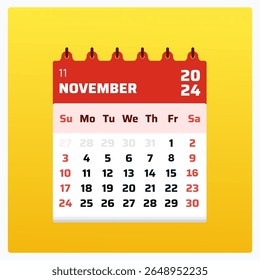 November 2024 calendar. Red calendar square. 2024 Weekend arranged sunday and saturday. Clean design layout. Calendar structure november 2024. Vector illustration.

