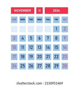 November 2024 Calendar Template Design Desktop Stock Vector (Royalty