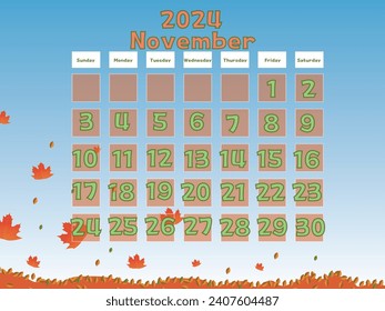 November 2024 Calendar Vector Illustration. Calendar Vector Template. Design with autumn themed background. Fall concept 2024 November calendar  fallen autumn dried leaves and pumpkin