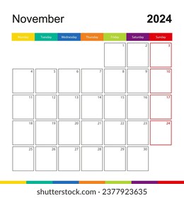 November 2024 colorful wall calendar, week starts on Monday. 2024 Calendar template.