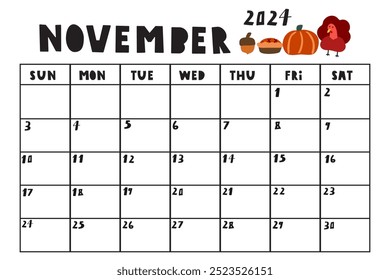 November 2024. Hand drawn template calendar. Monthly planner. Illustration on white background.