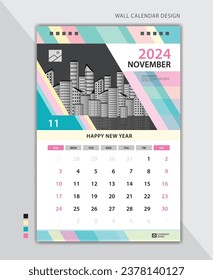 November 2024 layout, Wall calendar 2024 template pastel creative backgrounds, Desk calendar 2024 design, poster, planner, Calendar date, Week starts on Sunday, Stationery, vertical page, vector