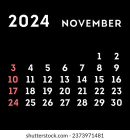Monatskalender November 2024. Vektorgrafik.