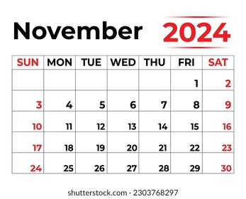 November 2024 monthly calendar design in clean look week starts from sunday
