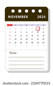 Plantilla de calendario de notas de noviembre de 2024. Diseño de vectores