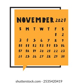 November 2024. Orange color. Template. Hand drawn design. Vector illustration on white background.