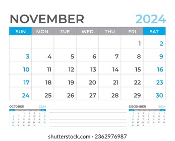 November 2024 page, Calendar 2024 template, Desk calendar 2024 year, planner design, Wall calendar, week starts on sunday, stationery design, Desk office, organizer office, vector eps10
