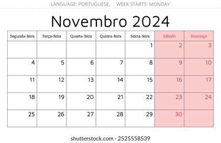 novembro 2024 calendário português - novembro. Ilustração vetorial. Planejamento mensal para sua empresa em Portugal
