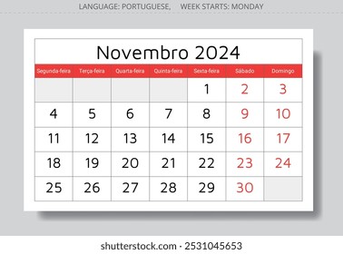 novembro 2024 calendário português (novembro). Ilustração vetorial. Planejamento mensal para sua empresa em Portugal