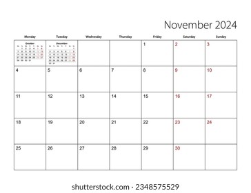 November 2024 simple calendar planner, week starts from Monday. Vector calendar planner.