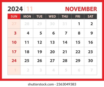 November 2024 template, Calendar 2024 design vector, planner layout, Week starts Sunday, Desk calendar 2024 template, Stationery. Wall calendar on red background, vector eps 10