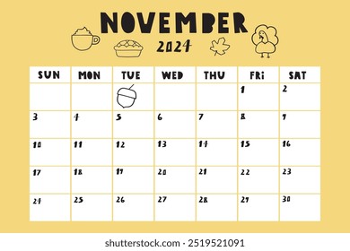 November 2024. Template calendar list. Monthly planner. Illustration on yellow background.