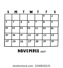 November 2024. Template calendar. Vector design on white background.