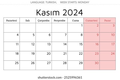 Novembro de 2024 calendário TURCO - Takvim Kasim. Ilustração vetorial. Planejamento mensal para o seu negócio na Turquia
