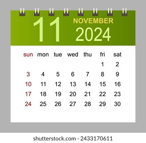 November 2024. Vector monthly calendar template 2024 year in simple style for template design. Week starts from Sunday.