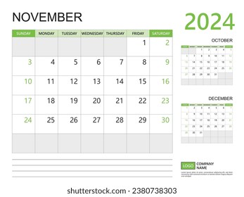 November 2024 year, Calendar planner 2024 template, week start on Sunday, Desk calendar 2024 design, simple and clean design green background, Wall calendar, Corporate design planner template vector