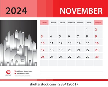 November 2024 year- Calendar 2024 template, Desk Calendar 2024 year, Week Start On Sunday, Wall calendar design, sample Planner, Stationery, Poster, printing media, red background