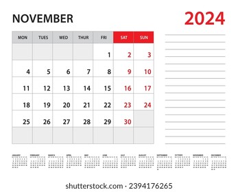 November 2024 year - Calendar 2024 template vector, week start on monday, Desk calendar 2024 year, Wall calendar design, corporate planner template, Stationery, organizer diary, vector