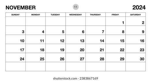 Plantilla de planificador de noviembre de 2024, plantilla de calendario 2024, planificadores mensuales y anuales. diario de organizadores. domingo de inicio de semana, plantilla de planificador corporativo, calendario de escritorio 2024, Diseño horizontal, vector