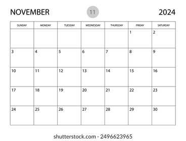 November 2024 year planner template, calendar 2024 template, monthly and yearly planners. organizer diary. week start Sunday, corporate planner template, Desk calendar 2024 year, Vector illustration