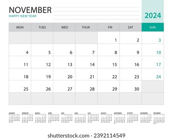 November 2024-Calendar 2024 template vector on green background, week start on monday, Desk calendar 2024 year, Wall calendar design, corporate planner template, Stationery, organizer diary, vector