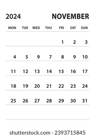 November 2024-Calendar 2024 template vector on white background, week start on monday, Desk calendar 2024 year, Wall calendar design, corporate planner template, clean style, stationery, organizer 