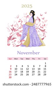 Calendario de noviembre de 2025 con hermosa chica asiática en el traje tradicional hanfu contra el patrón de hojas de remolino floral