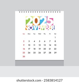 November 2025 Calendar. Date month of November2025. Page of annual monthly calendar November 2025.