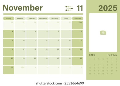November 2025 calendar desk planner light green color modern design with space for your picture, weeks start on Sunday, vector illustration