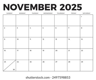 November 2025 Calendar. Fits Letter Size Page. Week starts on Sunday. Blank Calendar Template. Stationery Design.