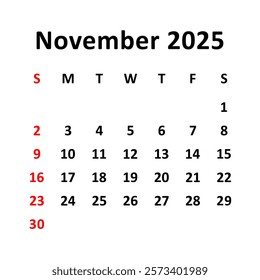 November  2025. Calendar with holydays or red dates. monthly calendar design with week starts on sunday. printable, simple, and clean vector design isolated on white background.