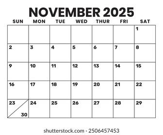 November 2025 Calendar. Large Bold Letter and Numbers. Week starts on Sunday. Blank Calendar Template. Fits Letter Size Page. Stationery Design.