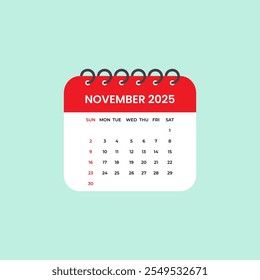 November 2025 Calendar Leaf. Calendar 2025 in flat style vector stock illustration.