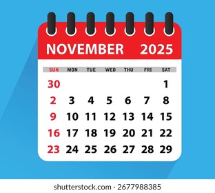 November 2025 Calendar Leaf. Calendar 2025 in flat style. November 2025 Calendar. Week starts on Sunday. Blank Calendar Template. Stationery Design. Vector Illustration